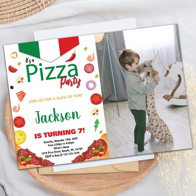 Photo Green White Red Pizza Invitations Anniversai (Photo Green White Red Pizza Birthday Invitations)