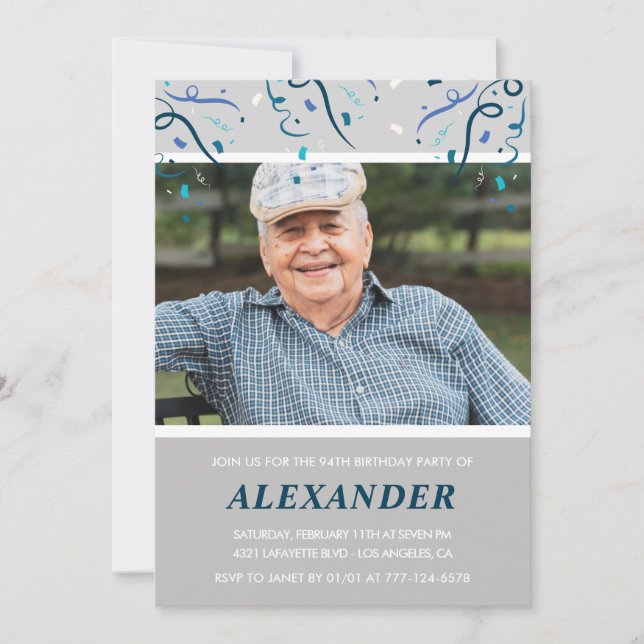 Photo Grey for him Confetti 94th birthday Invitation (Front)
