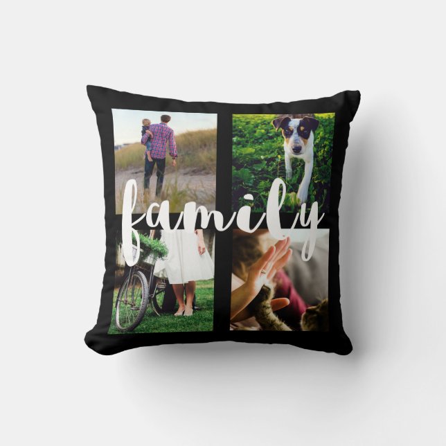 Photo Grid in Black with White Family Typography Throw Pillow (Front)