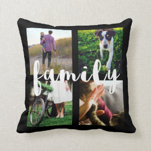 Photo Grid in Black with White Family Typography Throw Pillow