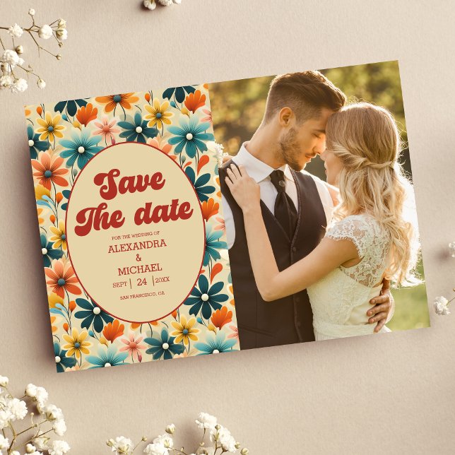 Photo Groovy Retro 70s Floral Wedding Save The Date (Creator Uploaded)