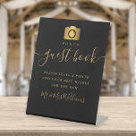 Photo Guest Book Black And Gold Signature Script Pedestal Sign<br><div class="desc">This black and gold elegant script minimalist photo guest book sign is perfect for all celebrations. Designed by Thisisnotme©</div>