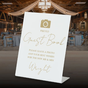 Photo Guest Book Elegant Gold Script Wedding Pedestal Sign