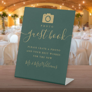 Photo Guest Book Emerald Green And Gold Script  Pedestal Sign