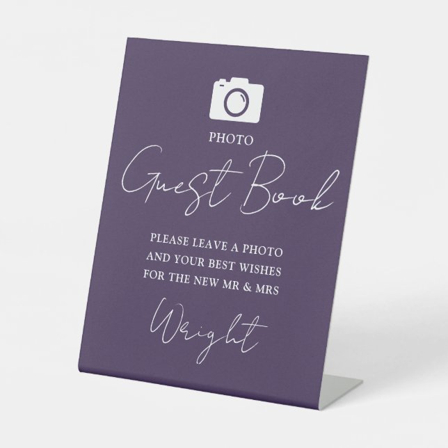 Photo Guest Book Script Purple Wedding Pedestal Sign (Front)