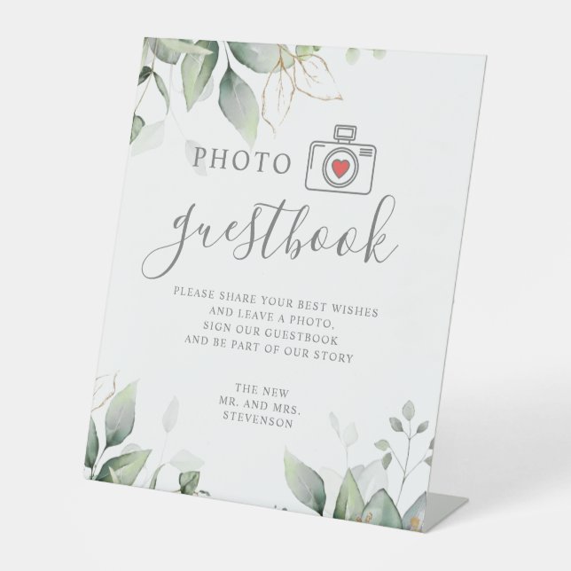 Photo guestbook eucalyptus & gold greenery wedding pedestal sign (Front)