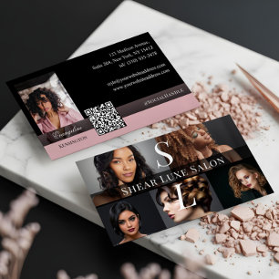 Photo Hair Salon Stylist Luxe Monogram Black Pink Business Card