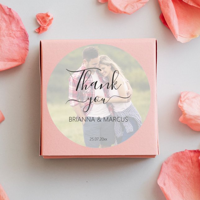 Photo half transparent simple wedding thank you  classic round sticker (Creator Uploaded)