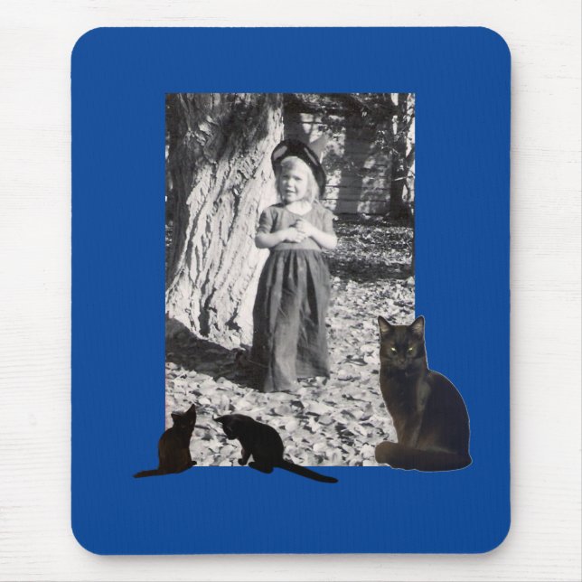 Photo Halloween Costumed Child Black Cats on Blue Mouse Pad (Front)