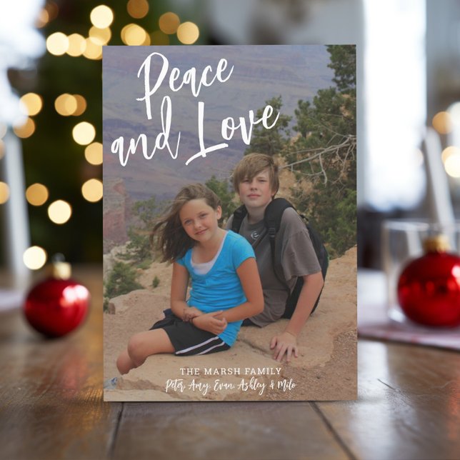 Photo Handwritten Christmas Gold Plaid Peace Love Holiday Card (Rustic Modern Christmas Card with 1 large photo)