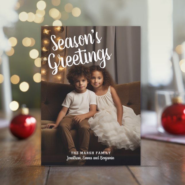 Photo Handwritten Grey Plaid Season's Greetings Holiday Card (Large white Script Type over a vertical photo - Online Christmas Card)