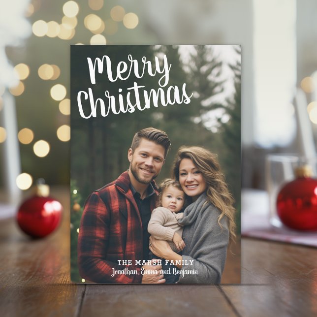 Photo Handwritten Merry Christmas Red Plaid Holiday Card (Photo Christmas Card with Vertical Photo Bounce Calligraphy - Print and Download Options Available)