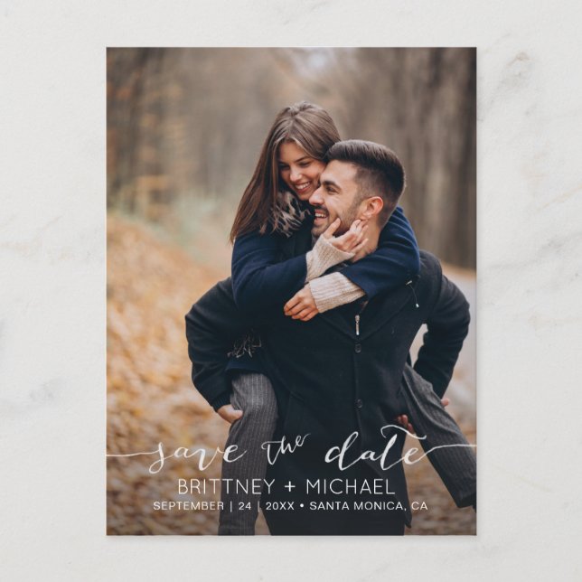 Photo Handwritten Minimal White Save the Date Announcement Postcard (Front)