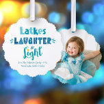 Photo Hanukkah Latkes Laughter Light Typography Ornament Card<br><div class="desc">“Latkes, laughter & light.” Feel the warmth and joy of the holiday season while ushering in the festival of lights with this playful, keepsake paper ornament card. On the front, fun, whimsical handcrafted typography in dusty blue, turquoise and teal overlays a white background. The personalized photo of your choice adorns...</div>