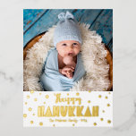 Photo Happy Hanukkah Modern Whimsical Real Gold Foil Holiday Postcard<br><div class="desc">“Happy Hanukkah.” Fun, playful, whimsical handcrafted real gold foil typography and a random Star of David pattern overlay a clean, white background. Add the photo of your choice and help usher in Hanukkah with this stunning, colourful, personalized real gold foil greeting postcard. Your custom note, typed or handwritten, is on...</div>