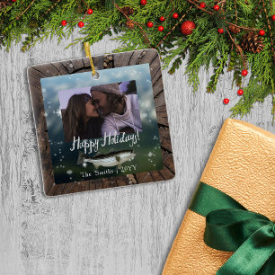 Photo Happy Holidays Bass Tree Stump Look Border Ceramic Ornament