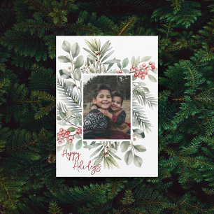 Photo Happy Holidays Pine Holly Red Holiday Card