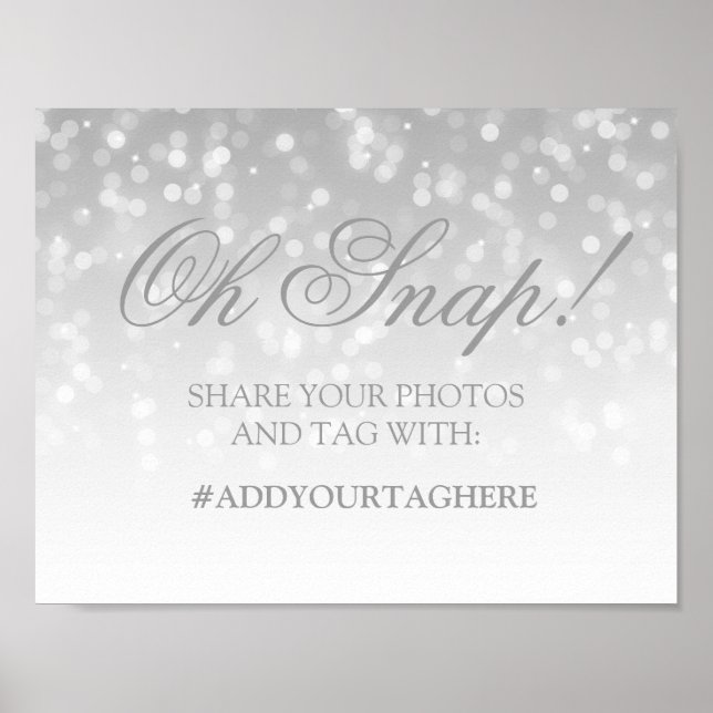 Photo Hashtag Wedding Sign Silver Bokeh Lights (Front)
