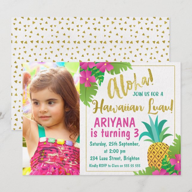 Photo Hawaiian Luau Birthday Invitation (Front/Back)