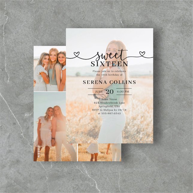 Photo Heart Calligraphy Sweet 16 Postcard (Creator Uploaded)