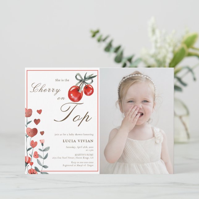 Photo Heart Floral Cherry On Top Baby Girl Shower  Invitation (Standing Front)