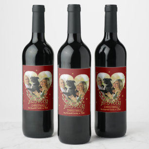 Photo Heart Gold Glitter Star Lovely Christmas Red Wine Label