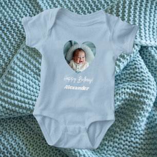 Photo heart name birthday blue boy baby bodysuit