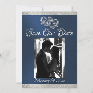 Photo, Hearts & Ribbon - Blue/Silver Save The Date