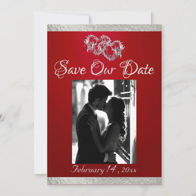 Photo, Hearts & Ribbon - Crimson/Silver Save The Date (Front)