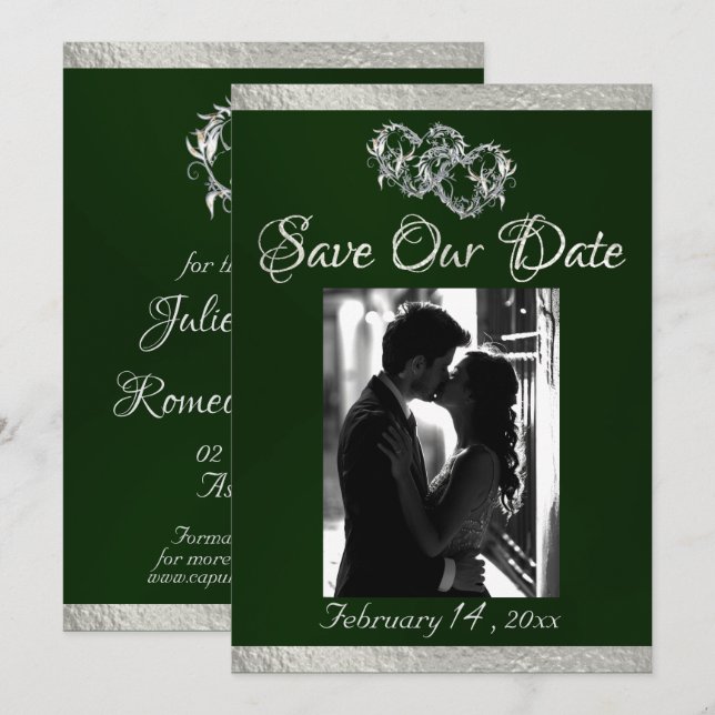 Photo, Hearts & Ribbon - Emerald/Silver Save The Date (Front/Back)