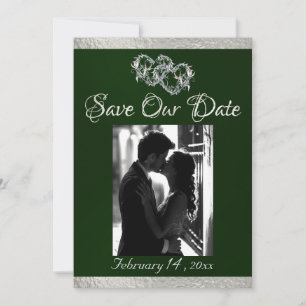 Photo, Hearts & Ribbon - Emerald/Silver Save The Date
