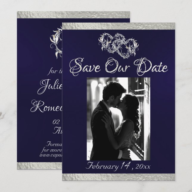 Photo, Hearts & Ribbon - Navy Blue/Silver Save The Date (Front/Back)