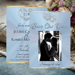 Photo, Hearts & Ribbon - Pastel Blue/Silver Save The Date