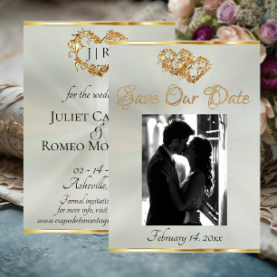 Photo, Hearts & Ribbon - Pastel Sage/Gold  Save The Date