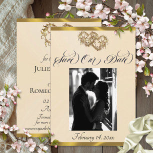 Photo, Hearts & Ribbon - Peach Pearl/Gold Save The Date