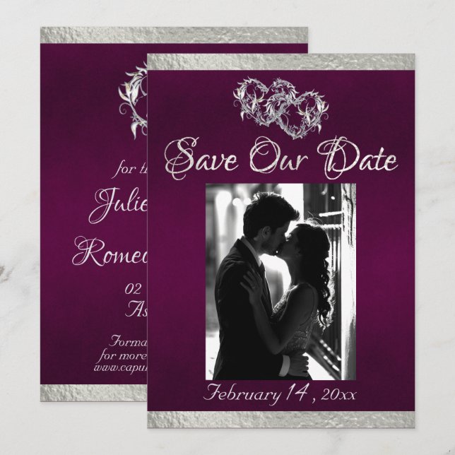 Photo, Hearts & Ribbon - Purple/Silver Save The Date (Front/Back)