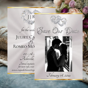 Photo, Hearts & Ribbon - White Pearl/Silver Save The Date