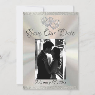Photo, Hearts & Ribbon - White/Silver Save The Date