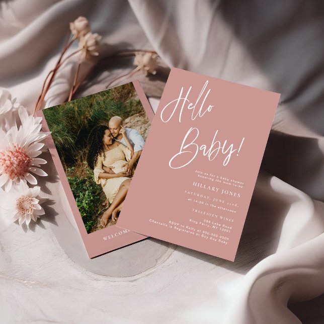 Photo Hello Baby Dusty Pink/Rose Boho Baby Shower Invitation (Creator Uploaded)