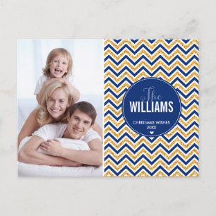 PHOTO HOLIDAY CARD chevron glitter gold navy blue