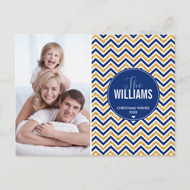 PHOTO HOLIDAY CARD chevron glitter gold navy blue (Front)