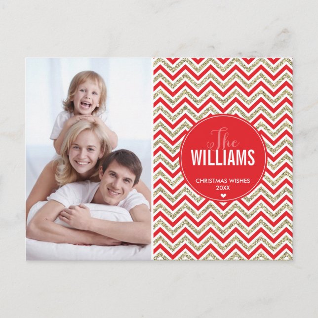 PHOTO HOLIDAY CARD chevron glitter pale gold red (Front)