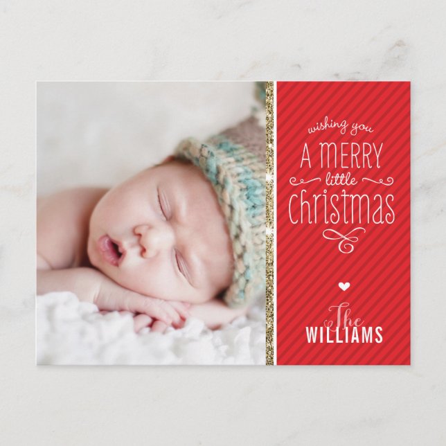 PHOTO HOLIDAY CARD red stripe gold whimsical type (Front)