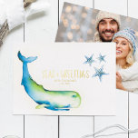 Photo Holiday Card Watercolor Whale<br><div class="desc">Do Tell A Belle's beach photo Christmas card is perfect to send to friends and family this season. It features a boarder of my original watercolor whale and starfish in shades of blues. The word's "Seas and Greetings" and your personalization is set in letter pressed gold foil. Personalize side 2...</div>