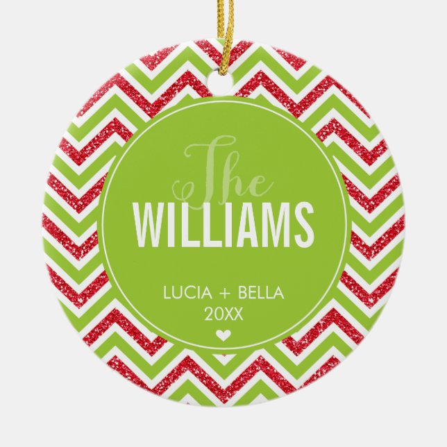 PHOTO HOLIDAY ORNAMENT chevron glitter red green (Front)