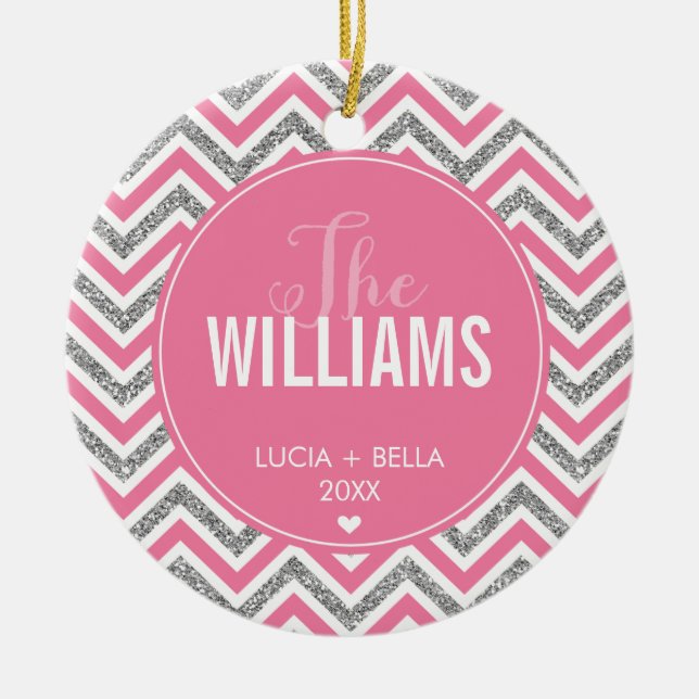 PHOTO HOLIDAY ORNAMENT chevron glitter silver pink (Front)