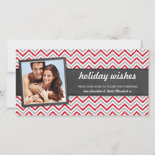 PHOTO HOLIDAY retro chevron red glitter grey Card (Front)