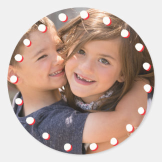 Photo Holiday Sticker: White & Red Dot Frame Photo Classic Round Sticker