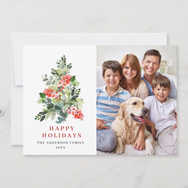 PHOTO Holly Berry Christmas Tree Greeting Holiday Card (Front)