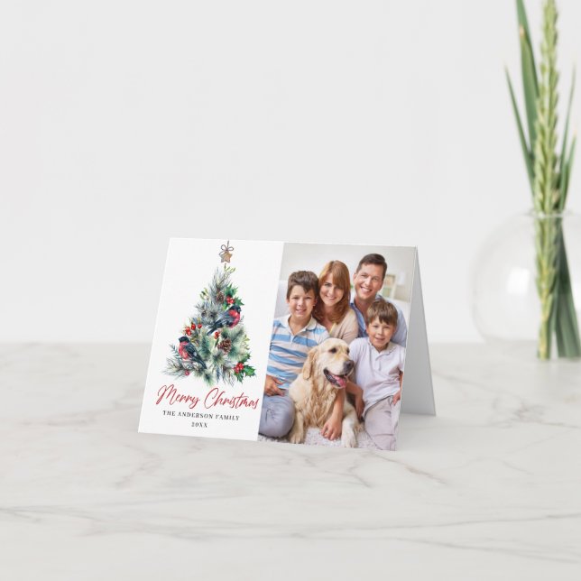 PHOTO Holly Berry Christmas Tree Greeting Holiday Card (Front)